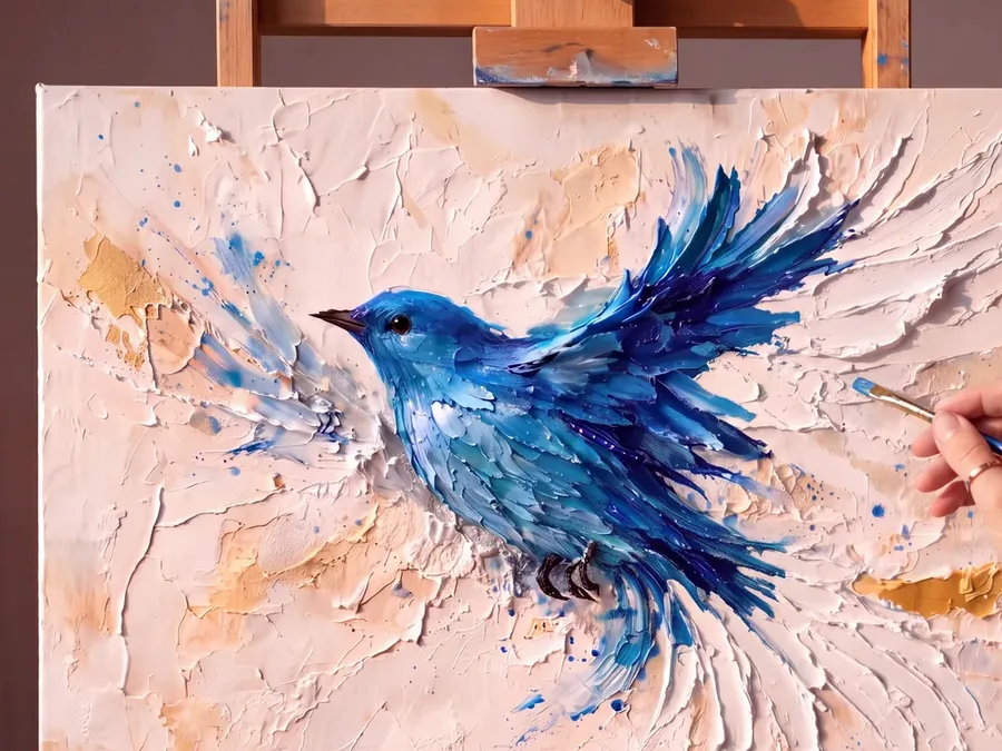 Painting color onto the raised feathers of a textured bird